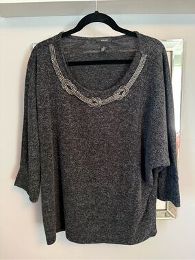 Alfani Charcoal Gray Beaded-Neck Knit Top